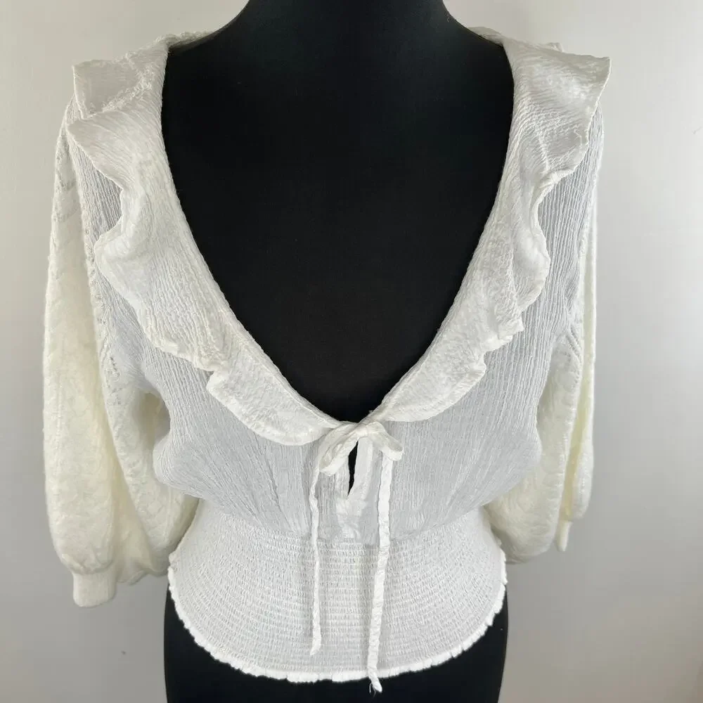 FREE PEOPLE Ivory Billie Cascade Ruffle 3/4 Puff Sleeve Smocked Sweater Top Sz S